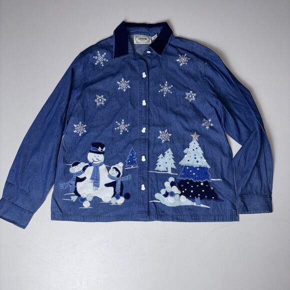 Tantrums Tops - Vintage Christmas Denim Shirt Tantrums Button Up Size XL Snowmen Chambray NWOT